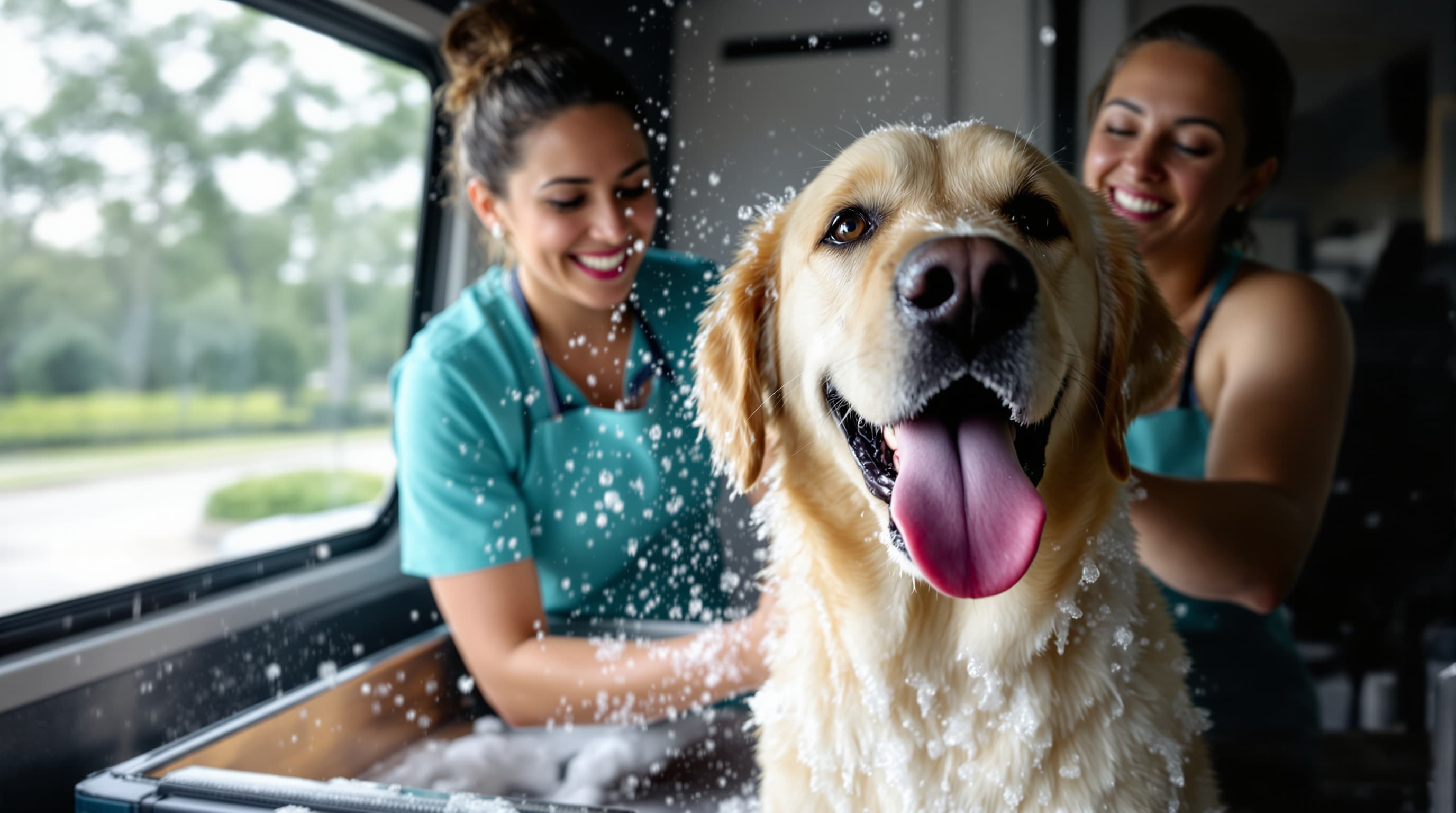 Mobile dog grooming van in Houston TX neighborhood